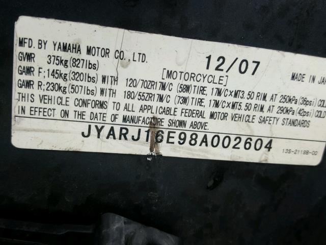 JYARJ16E98A002604 - 2008 YAMAHA YZFR6 YELLOW photo 10