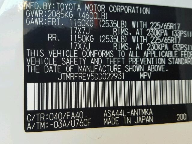 JTMRFREV5DD022931 - 2013 TOYOTA RAV4 XLE WHITE photo 10