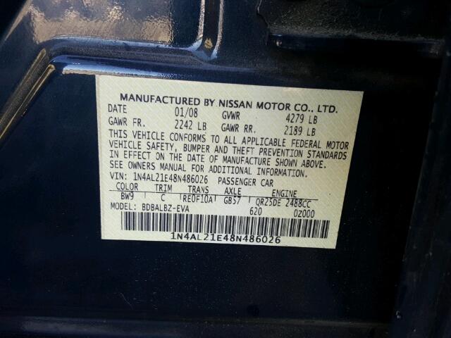 1N4AL21E48N486026 - 2008 NISSAN ALTIMA 2.5 BLUE photo 10