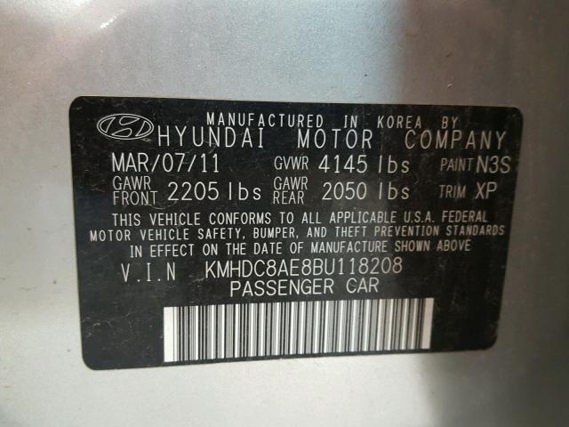 KMHDC8AE8BU118208 - 2011 HYUNDAI ELANTRA TO SILVER photo 10