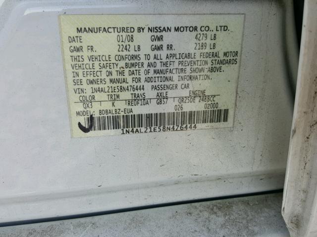 1N4AL21E58N476444 - 2008 NISSAN ALTIMA 2.5 WHITE photo 10