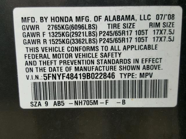 5FNYF48419B022846 - 2009 HONDA PILOT EX CHARCOAL photo 10