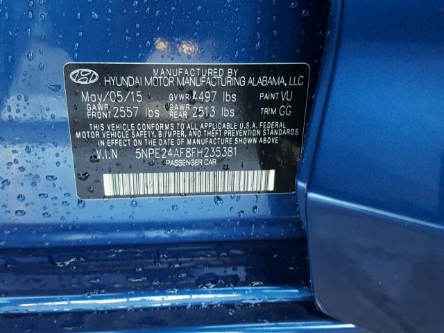 5NPE24AF8FH235381 - 2015 HYUNDAI SONATA SE BLUE photo 10