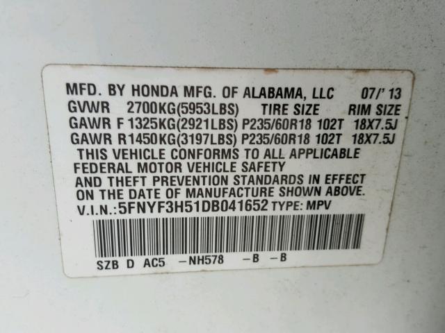 5FNYF3H51DB041652 - 2013 HONDA PILOT EXL WHITE photo 10