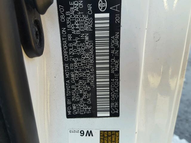 JTKDE167180246301 - 2008 TOYOTA SCION TC 白色 照片 10