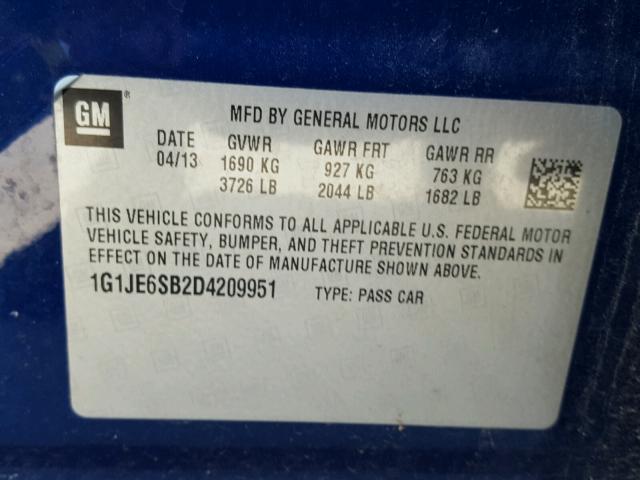 1G1JE6SB2D4209951 - 2013 CHEVROLET SONIC LTZ BLUE photo 10