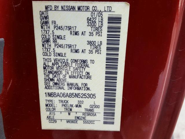 1N6BA06A85N525305 - 2005 NISSAN TITAN XE RED photo 10