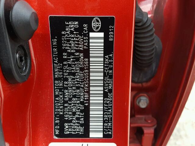 4T1BF1FK5CU591568 - 2012 TOYOTA CAMRY BASE RED photo 10