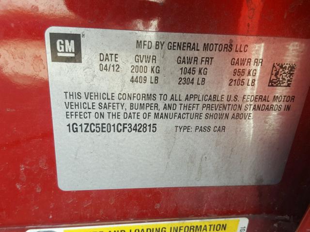 1G1ZC5E01CF342815 - 2012 CHEVROLET MALIBU 1LT წითელი ფოტო 10