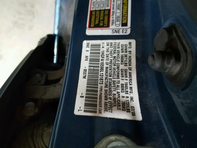 1HGFA16596L131873 - 2006 HONDA CIVIC LX BLUE photo 10