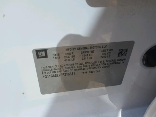 1G11C5SL2FF216821 - 2015 CHEVROLET MALIBU 1LT WHITE photo 10
