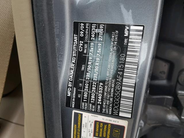 WDCGG5GB9AF415180 - 2010 MERCEDES-BENZ GLK 350 GRAY photo 10