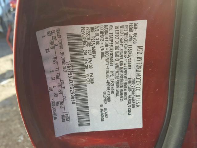 1FAFP55UXYG250658 - 2000 FORD TAURUS SES MAROON photo 10