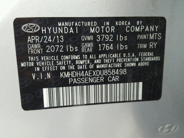 KMHDH4AEXDU858498 - 2013 HYUNDAI ELANTRA GL SILVER photo 10