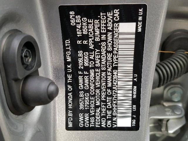 SHHFK7H72JU423940 - 2018 HONDA CIVIC EXL 银色 照片 10