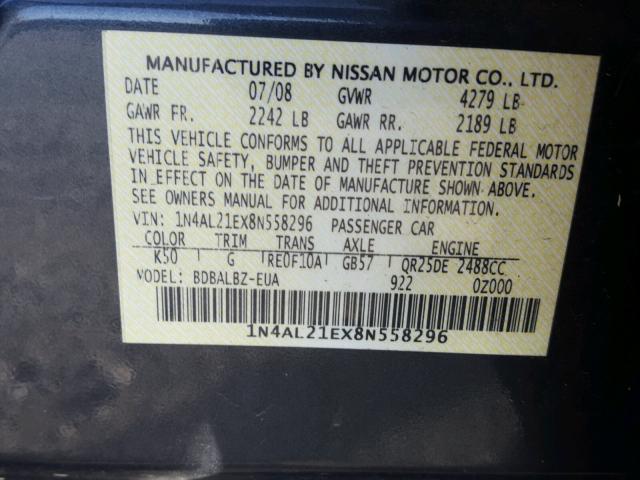 1N4AL21EX8N558296 - 2008 NISSAN ALTIMA 2.5 GRAY photo 10