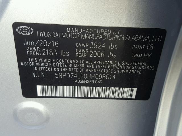 5NPD74LF0HH098014 - 2017 HYUNDAI ELANTRA SE SILVER photo 10