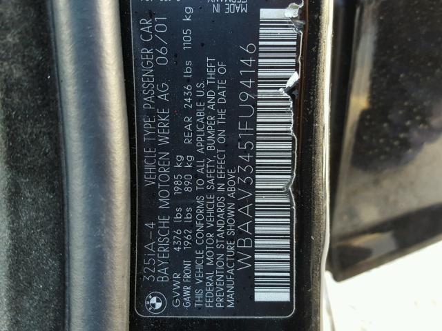 WBAAV33451FU94146 - 2001 BMW 325 I BLACK photo 10