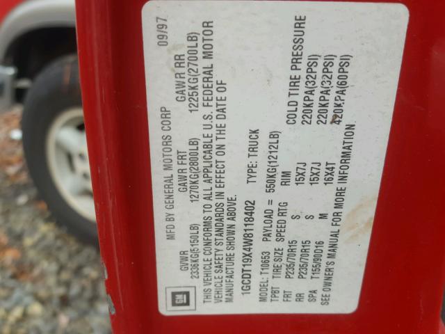 1GCDT19X4W8118402 - 1998 CHEVROLET S TRUCK S1 RED photo 10