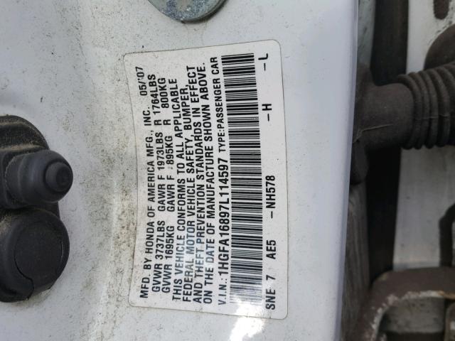 1HGFA16897L114597 - 2007 HONDA CIVIC EX WHITE photo 10