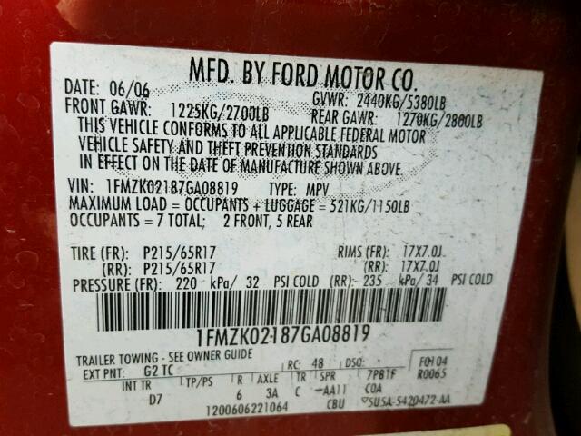 1FMZK02187GA08819 - 2007 FORD FREESTYLE RED photo 10