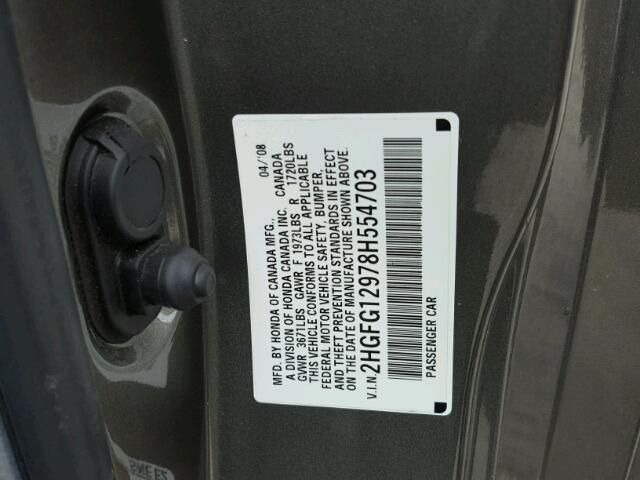 2HGFG12978H554703 - 2008 HONDA CIVIC EXL GRAY photo 10