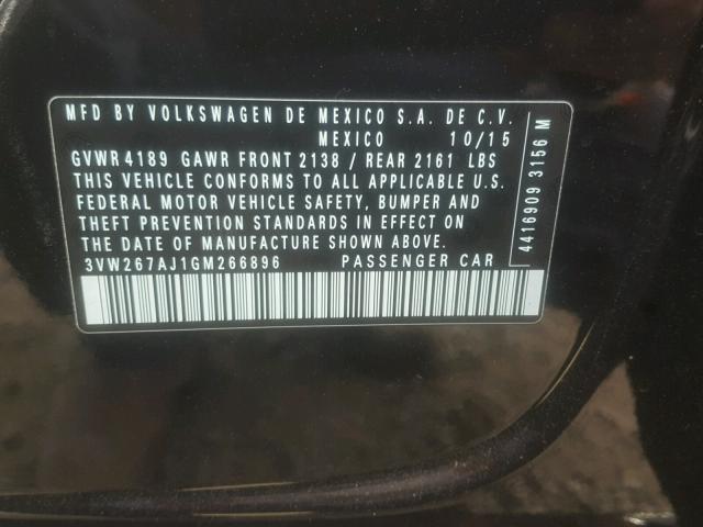 3VW267AJ1GM266896 - 2016 VOLKSWAGEN JETTA S BLACK photo 10