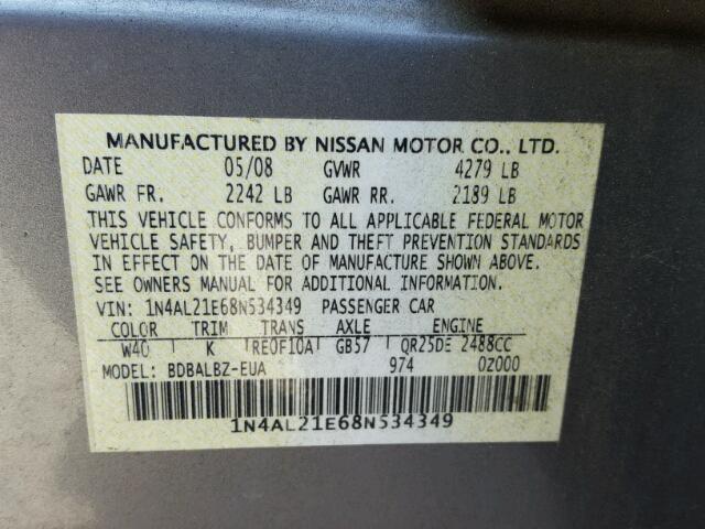 1N4AL21E68N534349 - 2008 NISSAN ALTIMA 2.5 GRAY photo 10