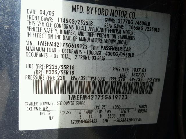 1MEFM42175G619123 - 2005 MERCURY MONTEGO PR 蓝色 照片 10