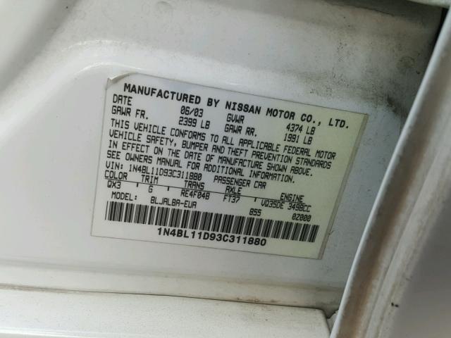 1N4BL11D93C311880 - 2003 NISSAN ALTIMA SE WHITE photo 10