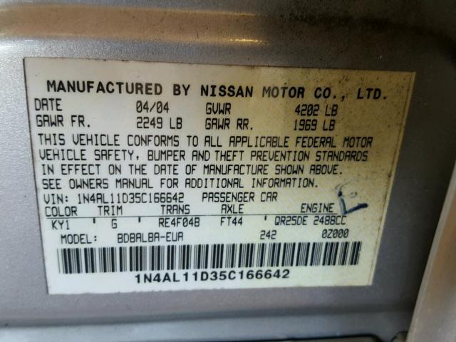 1N4AL11D35C166642 - 2005 NISSAN ALTIMA S SILVER photo 10