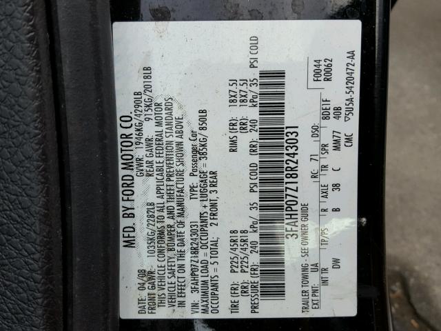 3FAHP07Z18R243031 - 2008 FORD FUSION SE BLACK photo 10