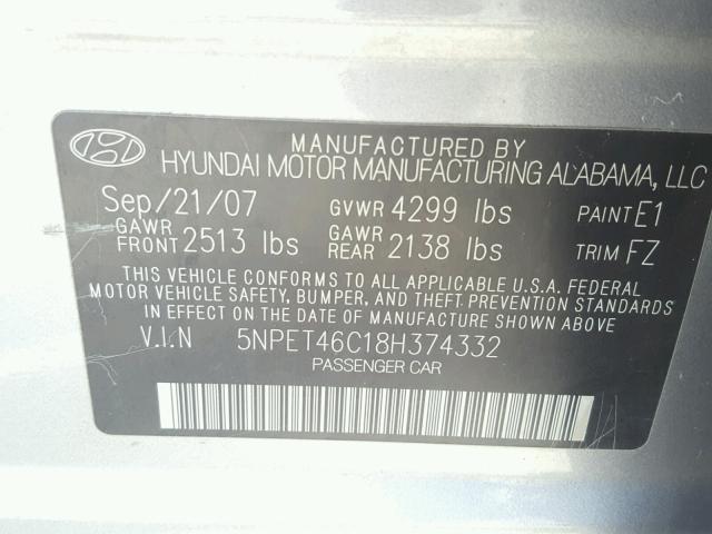 5NPET46C18H374332 - 2008 HYUNDAI SONATA GLS GRAY photo 10