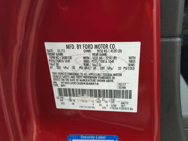 1FMCU0EG2BKB48614 - 2011 FORD ESCAPE LIM RED photo 10