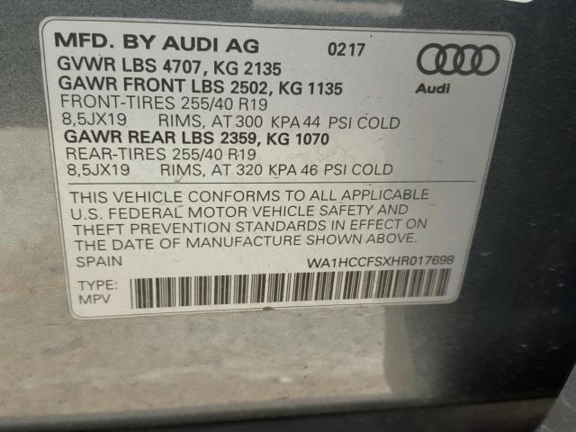 WA1HCCFSXHR017698 - 2017 AUDI Q3 PREMIUM GRAY photo 10