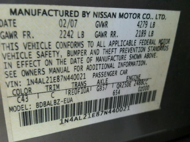 1N4AL21E87N440021 - 2007 NISSAN ALTIMA 2.5 GRAY photo 10