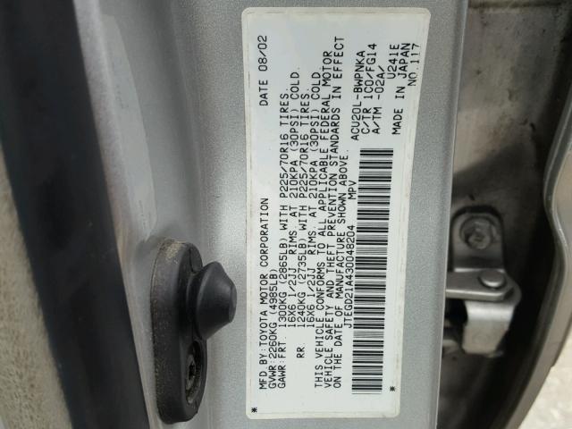 JTEGD21A430048204 - 2003 TOYOTA HIGHLANDER SILVER photo 10