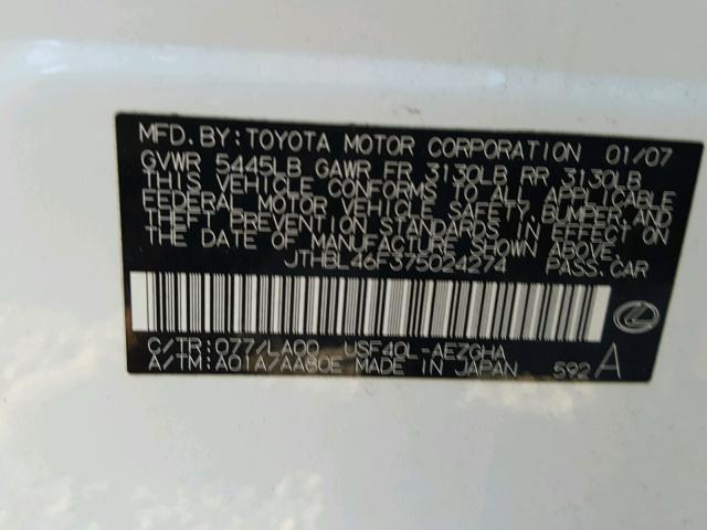 JTHBL46F375024274 - 2007 LEXUS LS 460 WHITE photo 10