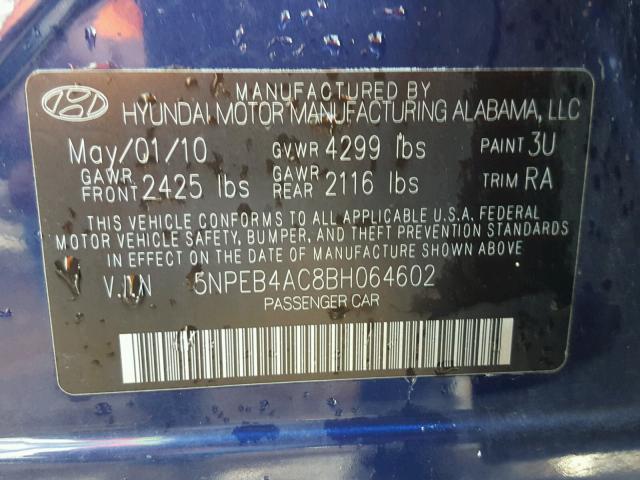 5NPEB4AC8BH064602 - 2011 HYUNDAI SONATA GLS BLUE photo 10