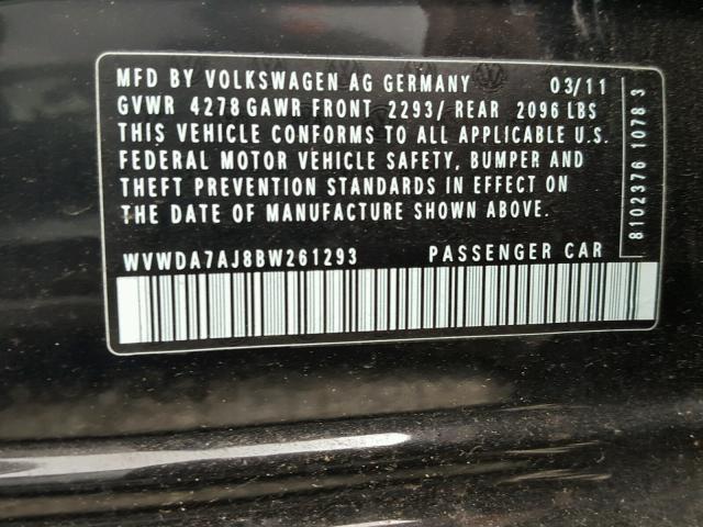 WVWDA7AJ8BW261293 - 2011 VOLKSWAGEN GOLF 黑色 照片 10