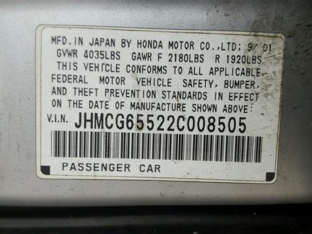 JHMCG65522C008505 - 2002 HONDA ACCORD LX SILVER photo 10