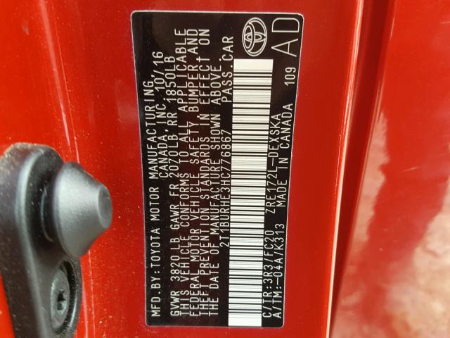 2T1BURHE3HC776867 - 2017 TOYOTA COROLLA L RED photo 10