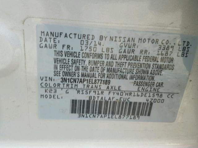 3N1CN7AP1EL877189 - 2014 NISSAN VERSA SILVER photo 10