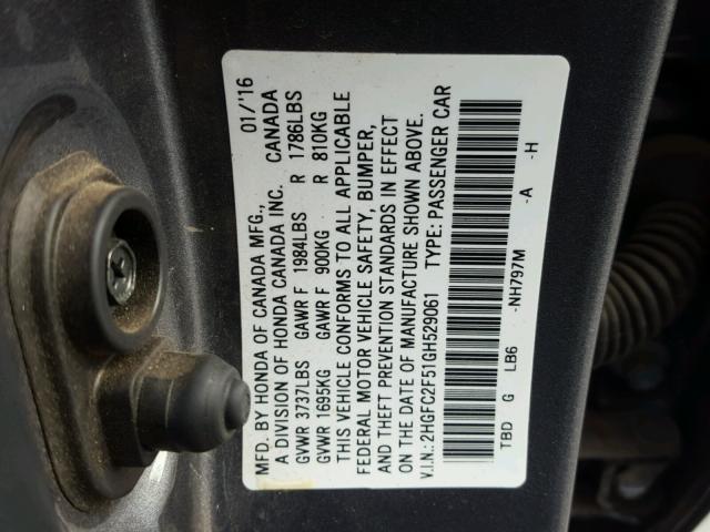 2HGFC2F51GH529061 - 2016 HONDA CIVIC LX CHARCOAL photo 10