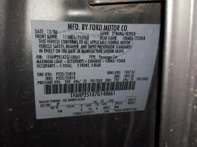 1FAHP251X7G148661 - 2007 FORD FIVE HUNDR SILVER photo 10