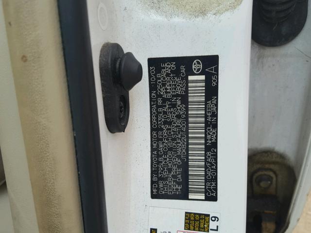 JTDKB22U140019399 - 2004 TOYOTA PRIUS 白色 照片 10