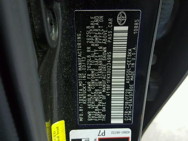 4T1BF1FKXDU234985 - 2013 TOYOTA CAMRY L BLACK photo 10