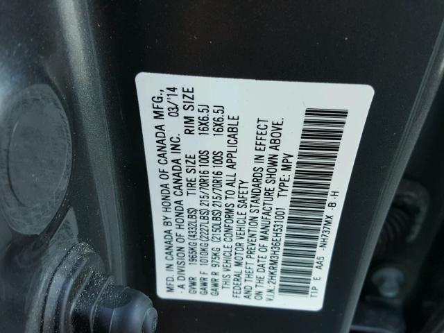 2HKRM3H36EH531001 - 2014 HONDA CR-V LX GRAY photo 10