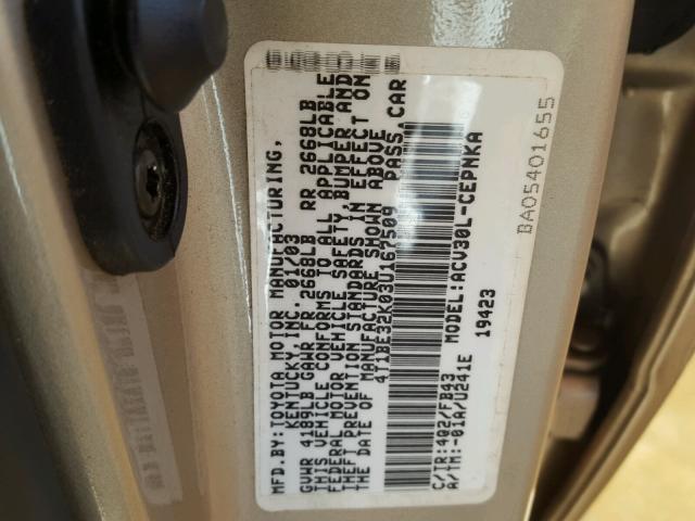 4T1BE32K03U167509 - 2003 TOYOTA CAMRY LE ოქროსფერი ფოტო 10