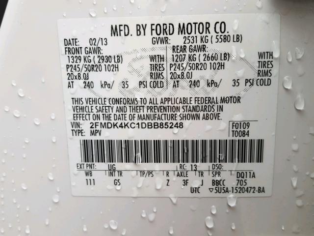 2FMDK4KC1DBB85248 - 2013 FORD EDGE LIMIT WHITE photo 10